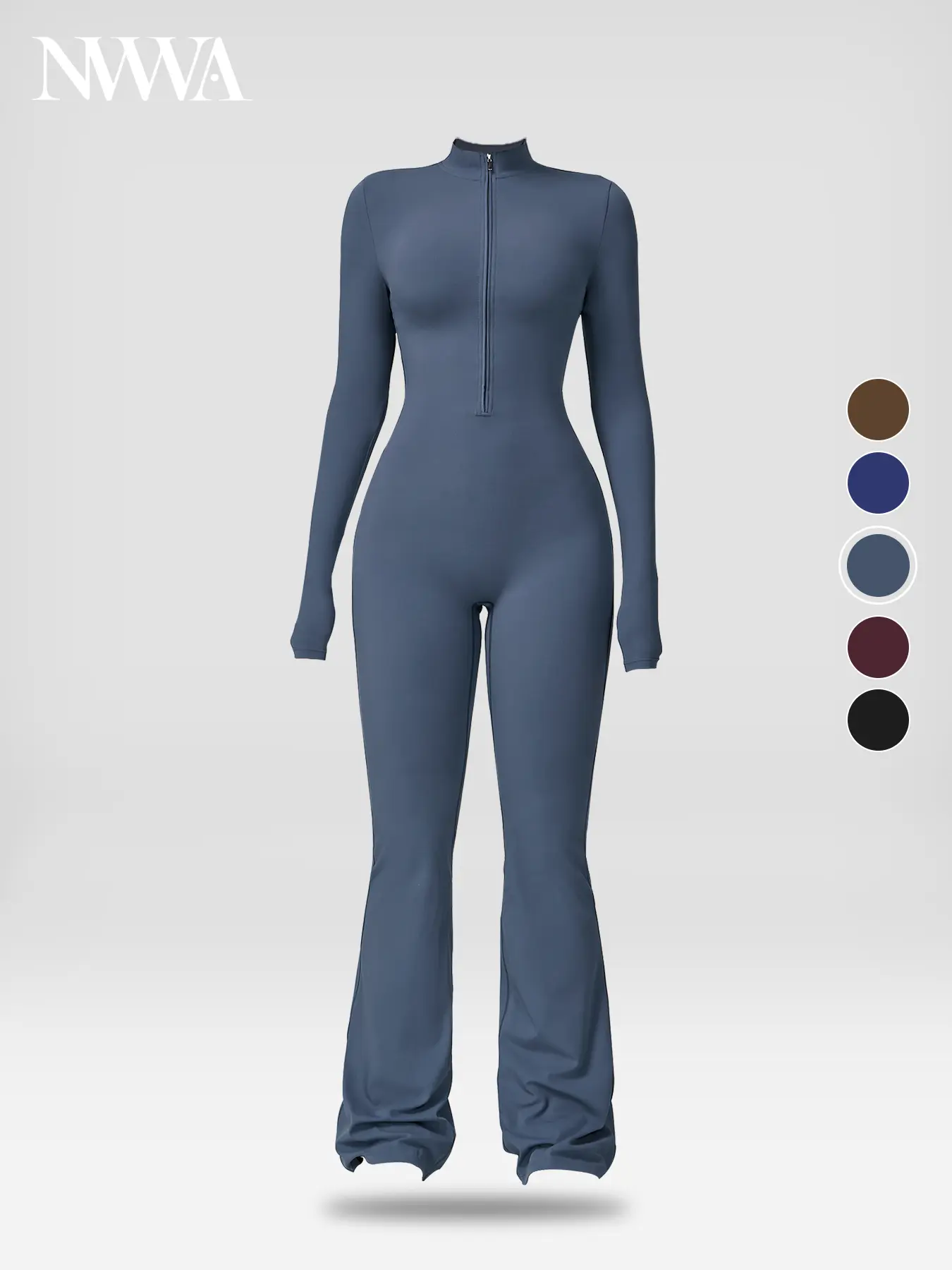 Nvwaurban Women's Covered Bust Long Sleeve Flared Zipper Wide Leg Stretch Sports Jumpsuit - Athletic Style Activewear, Stylish Activewear, Bodysuit Cut Hugs with Easy Movement for Gym, Pilates