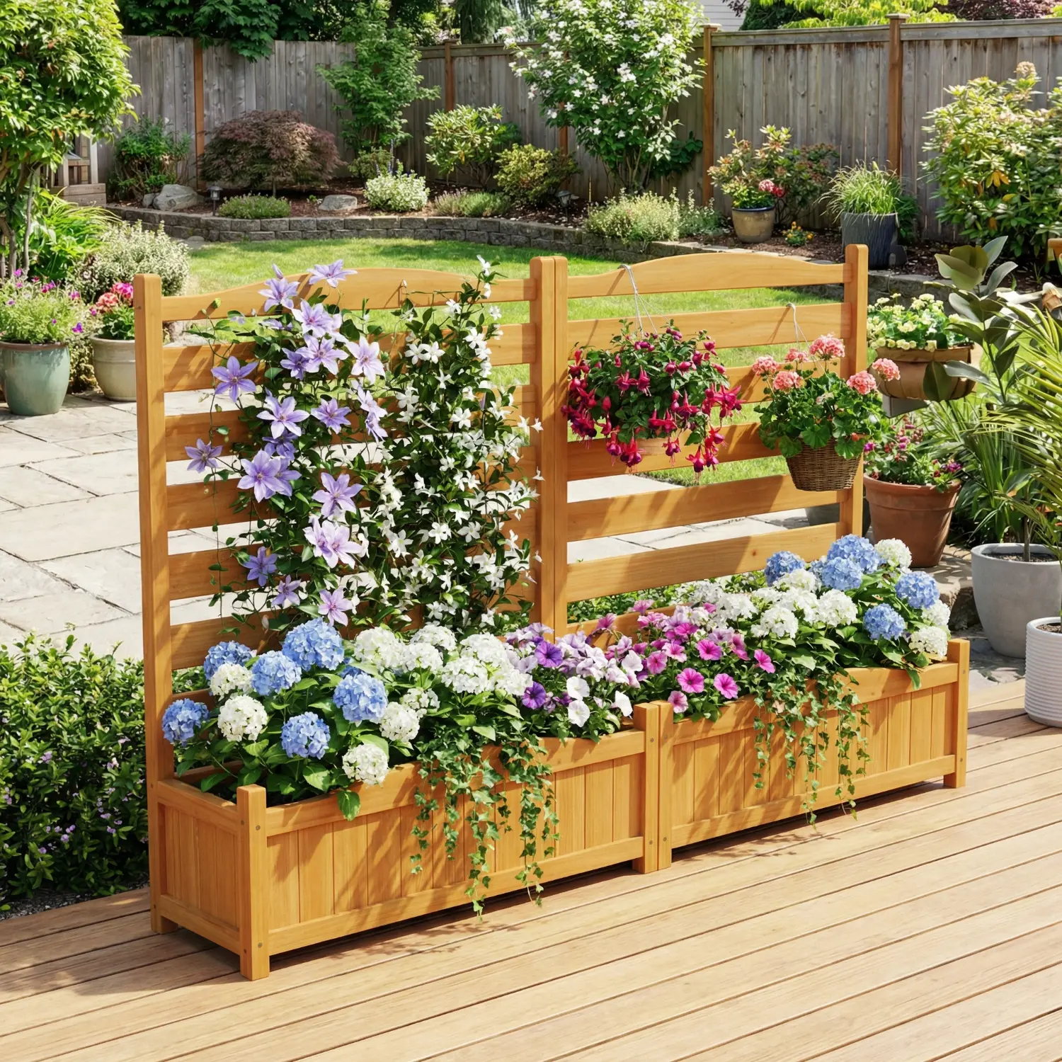 Spaco 2-Panel Freestanding Durable Fir Wood Privacy Screen - Expandable Design, Built-In Planter Boxes, Climbing Plant Support, Dual Decor & Privacy Garden Divider