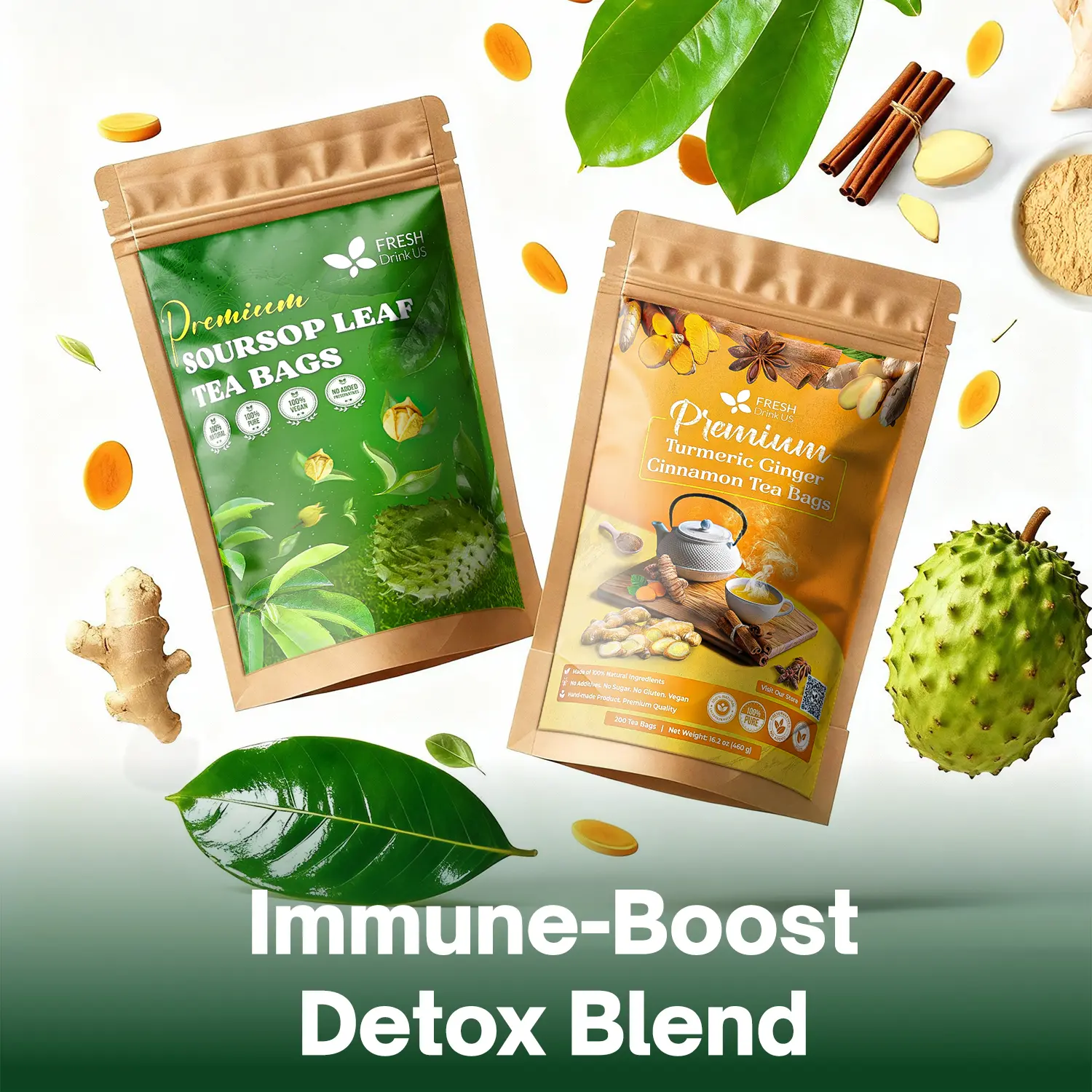【FreshDrinkUS】 Immune-Boost Detox Blend, Soursop Graviola Leaf & Turmeric Ginger Cinnamon Herbal Tea Bags, 100% Natural & Pure Leaves and Roots, Eco-Conscious Tea Bags, No Sugar, No Caffeine, No Gluten, Vegan – Herbal Beverage