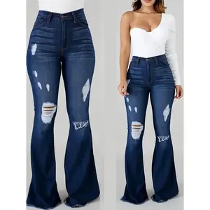 Women's flared pants with high waistband and slim fit, classic flared pants with high elasticity, jeans with denim comfort, basic street wear, minimalism, blue women's underwear, fit and casual style