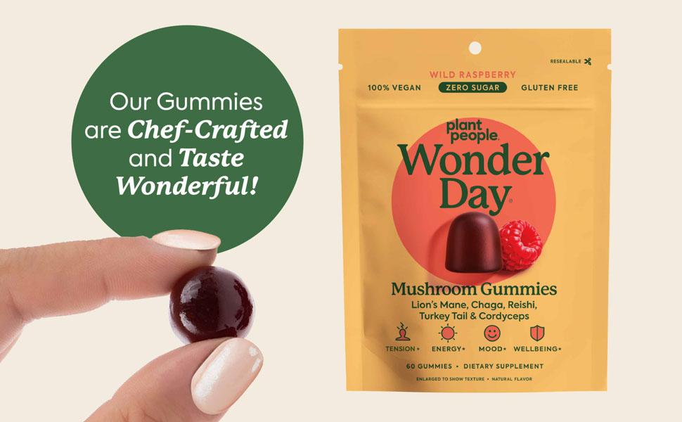 WonderDay Mushroom Gummies by Plant People - Zero Sugar, Functional Mushroom Gummy Supplement - 8+ Super Mushrooms - Organic Raspberry Flavor