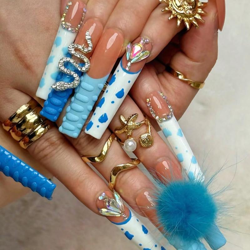 10pcs Handmade Press On Nail Set Extra Long False Nails with Nail Stickers & Blush Charms Box Included for Easy Storage Poly Gel Rhinestone Decor High Quality Glitter