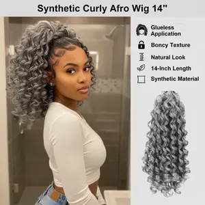 Headband Wig Synthetic Short Curly Afro Wig Glueless Goddess Braided Drawstring Ponytail Wig Bouncy Natural Look 14 Inch for  Women