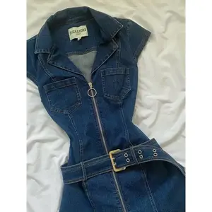 Women's Retro Sweet Hot Girl Waist-Slimming Short Sleeve Denim Dress Can be used with a raincoat