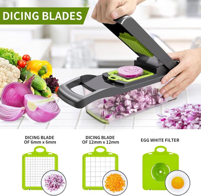 Vegetable Chopper Multifunctional 14-in-1 ABS & Stainless Steel Blades Onion Chopper Slicer Cutter Dicer with 8 Interchangeable Blades Colander Basket Container for Salad Potato Carrot Garlic Easy Clean