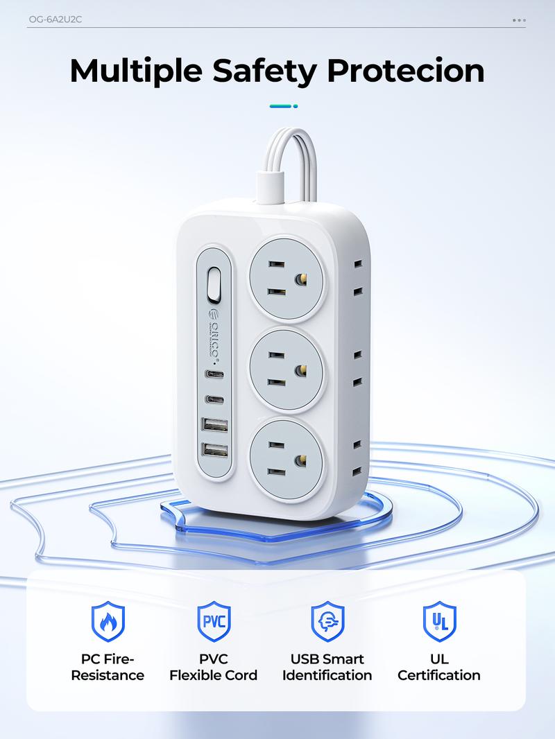 ORICO OG Series 10-in-1 Power Strip 6 AC Outlets 2 USB-A & 2 USB-C Ports Compact Surge Protector with Multiple Outlets for Home Office & Travel 1.5m/3m International Warranty Socket Adapters Plug Splitter-OG