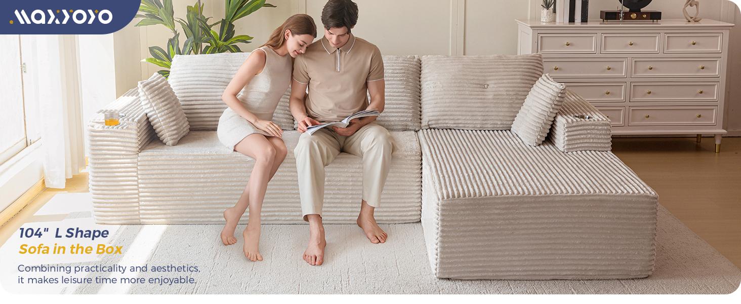 【2 Package Shipping】MAXYOYO 104" Plush Corduroy Cloud Velvet Modular Sectional Couch with L-Shape Chaise, No Assembly Required - Modern Boneless Couch for Living Room, Sofa in A Box, Oversized Sofa Sleeper with Deep Seat