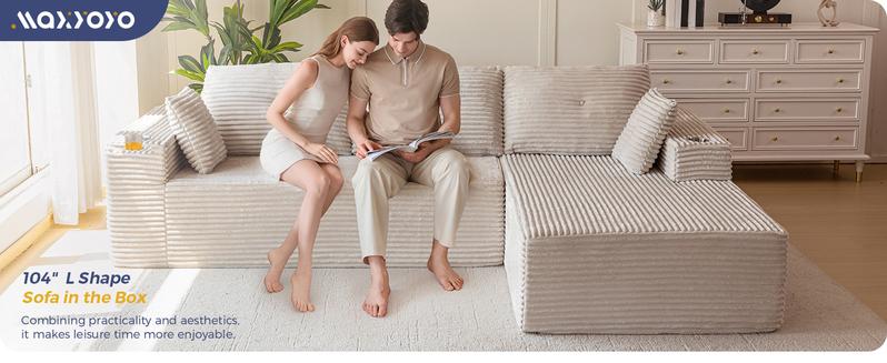 MAXYOYO 104" Plush Corduroy Cloud Velvet Modular Sectional Couch with L-Shape Chaise, No Assembly Required - Modern Boneless Couch for Living Room, Sofa in A Box, Oversized Sofa Sleeper with Deep Seat MAXYOYO 104" Plush Corduroy Cloud Velvet Modular Sectional Couch with L-Shape Chaise, No Assembly Required - Modern Boneless Couch for Living Room, Sofa in A Box, Oversized Sofa Sleeper with Deep Seat