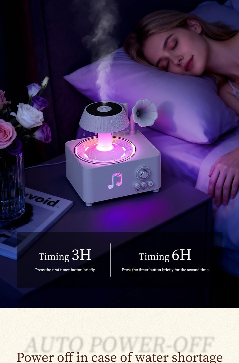 Phonograph-style aroma diffuser and humidifier with white noise and Bluetooth music, includes essential oils, features multiple natural sounds, automatic shut-off when water runs out, and ultrasonic raindrop rotation. A high-end white aroma diffuser gift.