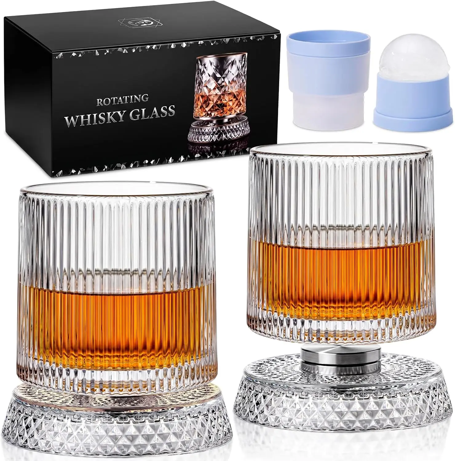Luxury 360 Spinning Whiskey Glass Set of 2, Crystal Rotating Bourbon Scotch Cup Drinkware with Base, Stress-Relief Elegant European Barware, Premium Birthday Thanksgiving Christmas Holiday Gift Box for Men, Home Bar