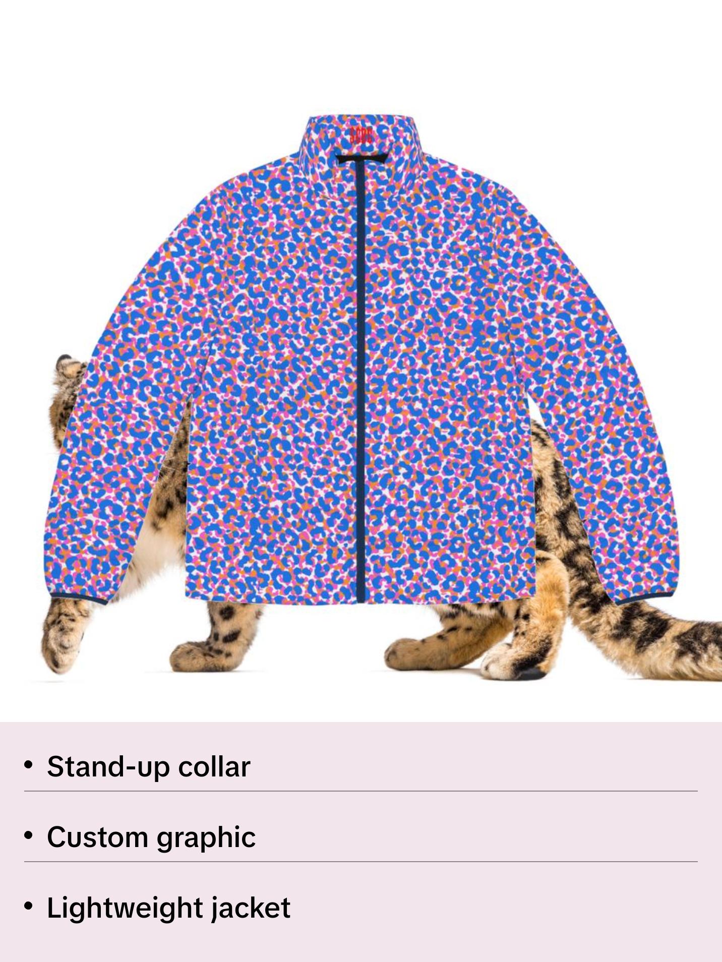 Men's SCBC " Spotted Frenzy" Puffer Jacket (AOP). Puffer Jacket, Spring, Mens Clothes, Warm Jacket, Lightweight, Deer, Graphic Design. Collar Menswear