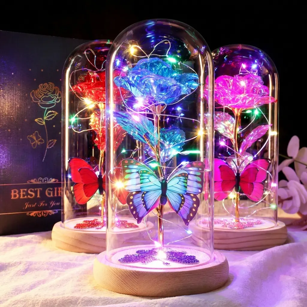 DEEMEI Eternal Artificial Rose Night Light - Galaxy Glass Dome, Butterfly Accent, Colorful Atmosphere Light, Flowers Decoration, Gifts for Women, GF Gift for Birthday, Roses
