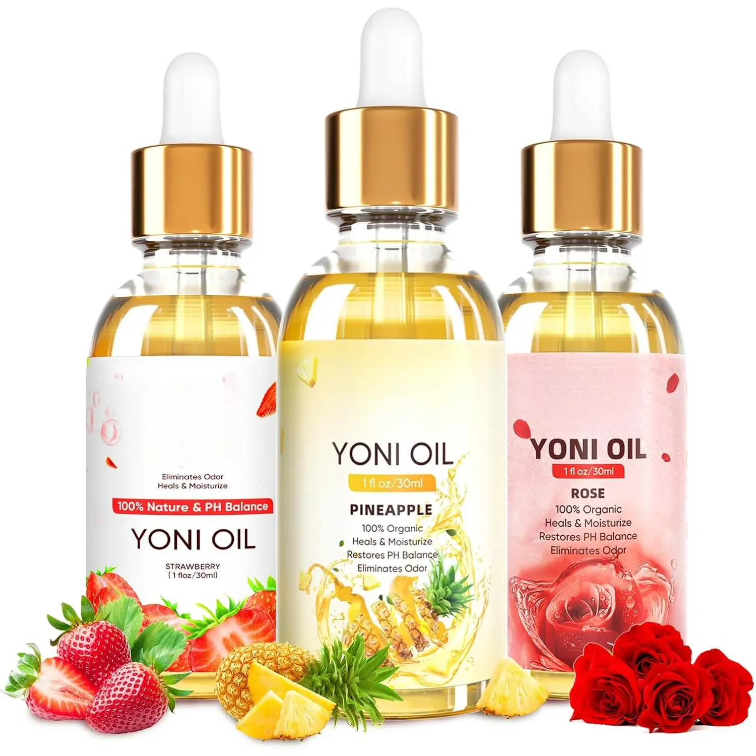 3 Pack Yoni Oil Organic Feminine Oil for Women pH Balance - Feminine Deodorant -Moisturizer -Eliminates Odor with Natural Pineapple Rose Strawberry Essential Oil, 1 fl oz/pc