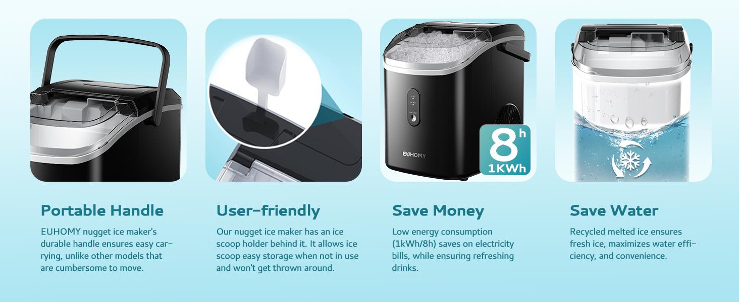 EUHOMY Nugget Ice Maker Countertop with Handle, Ready in 6 Mins, 33lbs/24H, Removable Top Cover, Auto-Cleaning, Portable Pebble Ice Maker with Basket and Scoop, for Home/Kitchen/Party/Camping