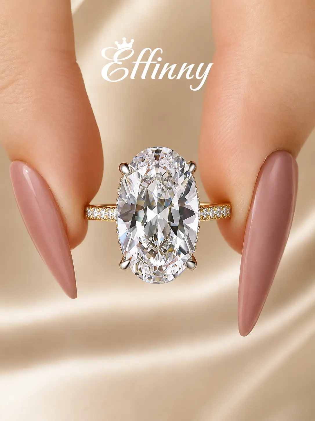 Effinny Non-tarnish 925 Sterling Silver 8.0ct Elongated 14K Gold Plated Oval Cut Engagement Ring For Women,  Elegant 5A CZ Promise Fashion Design Jewelry, Bridal Travel-friendly for Her, Wedding Promise Rings
