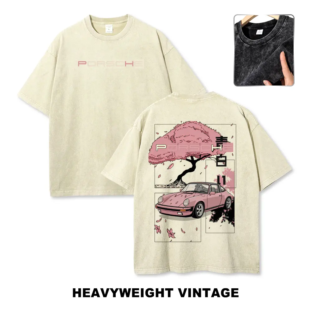 Cherry Blossom Japanese Aesthetic Classic Sports Car Vintage Washed Tee 90s Men's Graphic Tee t Shirts Funny Graphic Tee Good Graphic Tees Graphic Tees Streetwear Outfits Men Vacation Outfits Oversized Tshirt Men