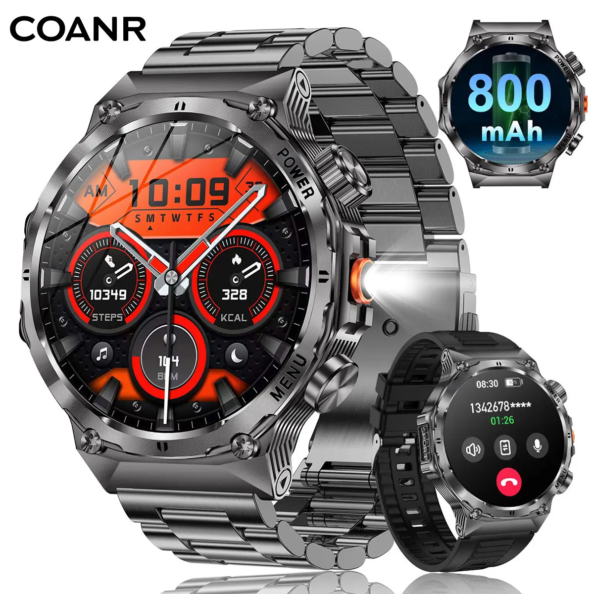 COANR Men's Formal Military Smart Watch - Wearable Bluetooth Watch with 800mAh Battery, 1.7in AMOLED HD Screen, Phone Sync, Wireless Call, Flashlight, Multiple Exercise Modes, Fitness Tracker, Steel Charging, Silicone Band for Android & iPhone (Black)