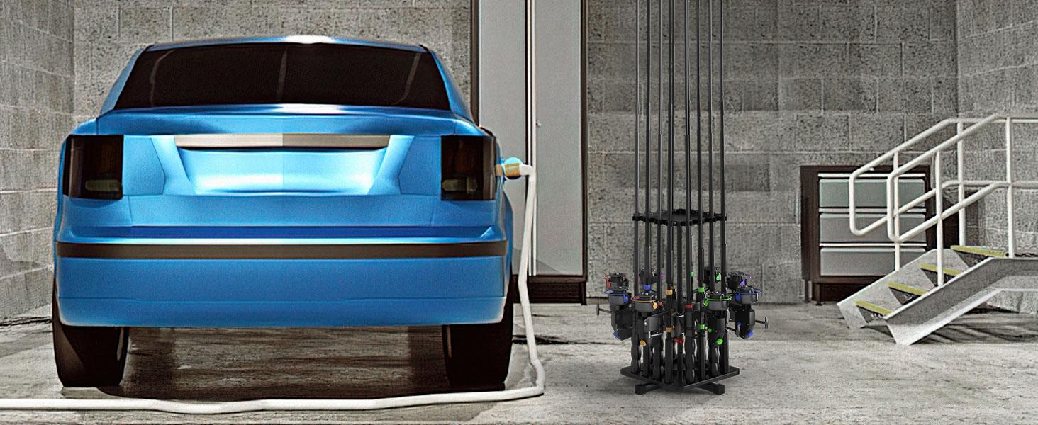 Carbon Steel 360° Rotating Fishing Rod Holder for Garage Holds 16 Rods Easy Install Space Saving Sturdy Rack Organizer for Men Black Bracket Shelf