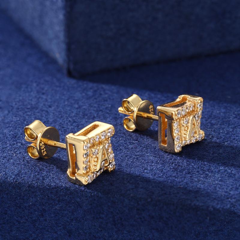【#E592】Square letter Ice Out earrings UCCIYO Synthetic Moissanite Earrings For Women 925 Sterling Silver Stud Earring Men Hip Hop Jewelry Couple Gift