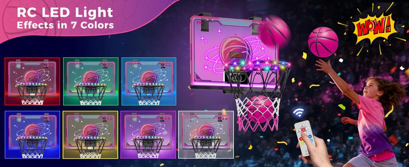 VATOS Basketball Hoop for Girls Indoor, LED Basketball Hoop with 7 Color Lights, Glowing Rim, Scoreboard & Remote Controller, Basketball Set Sports Toys Birthday Gifts for Girls Kids Teens 5-12