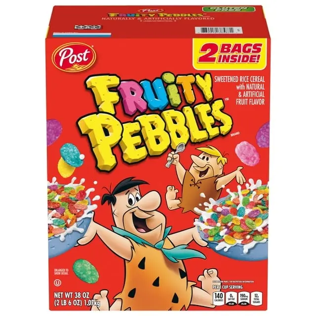 Post Fruity Pebbles Breakfast Cereal, 38 oz Family Size – Fruity Crispy Rice Cereal, Gluten-Free, Colorful Kids Favorite