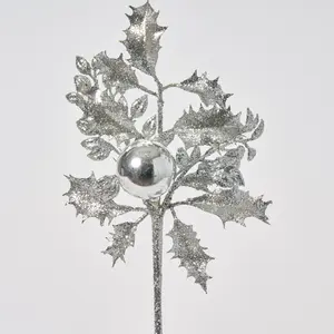 Silver Glitter Holly, Smilax & VP Ball Holiday Pick - 9"