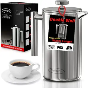 French Press Coffee Maker (1.5L)-Double Walled Large Coffee Press with 2 Extra Filters-Enjoy Granule-Free Coffee, Stylish Rust Free Kitchen Accessory-Stainless Steel (Mirror)