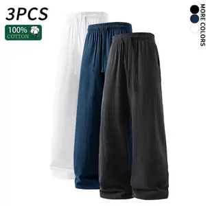 Men’s 3-Pack breathable cotton linen feel wide-leg pants, elastic waist, loose fit, casual jogger long pants for daily walking and outdoor activities