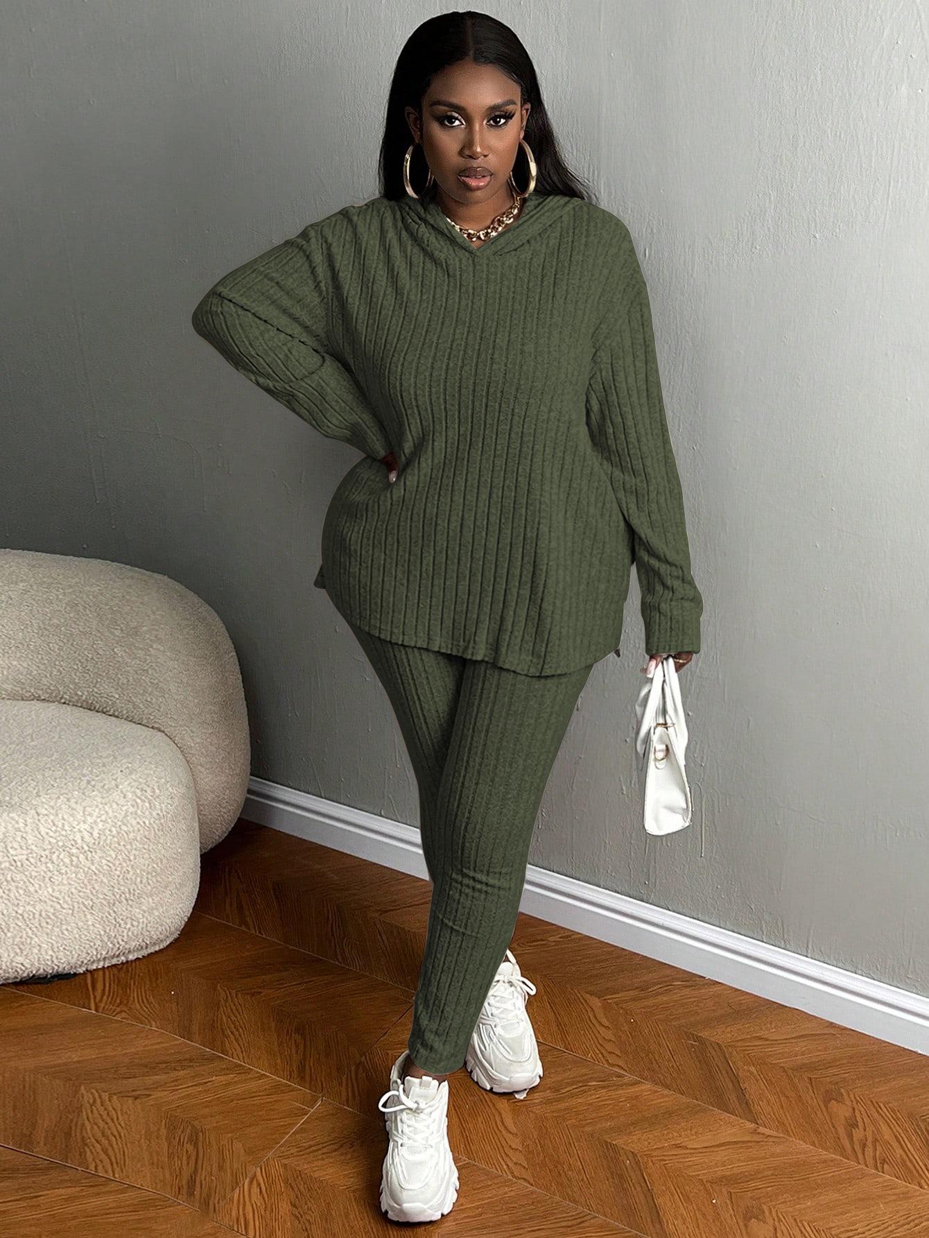 USBOUTIQUECHIC Plus Size Women's Solid Textured Ribbed Hoodie & Elastic Waist Pants Set, Casual Cozy Ribbed Knit Outfits for Fall & Winter, Baggy Matching Suits for Daily Wear