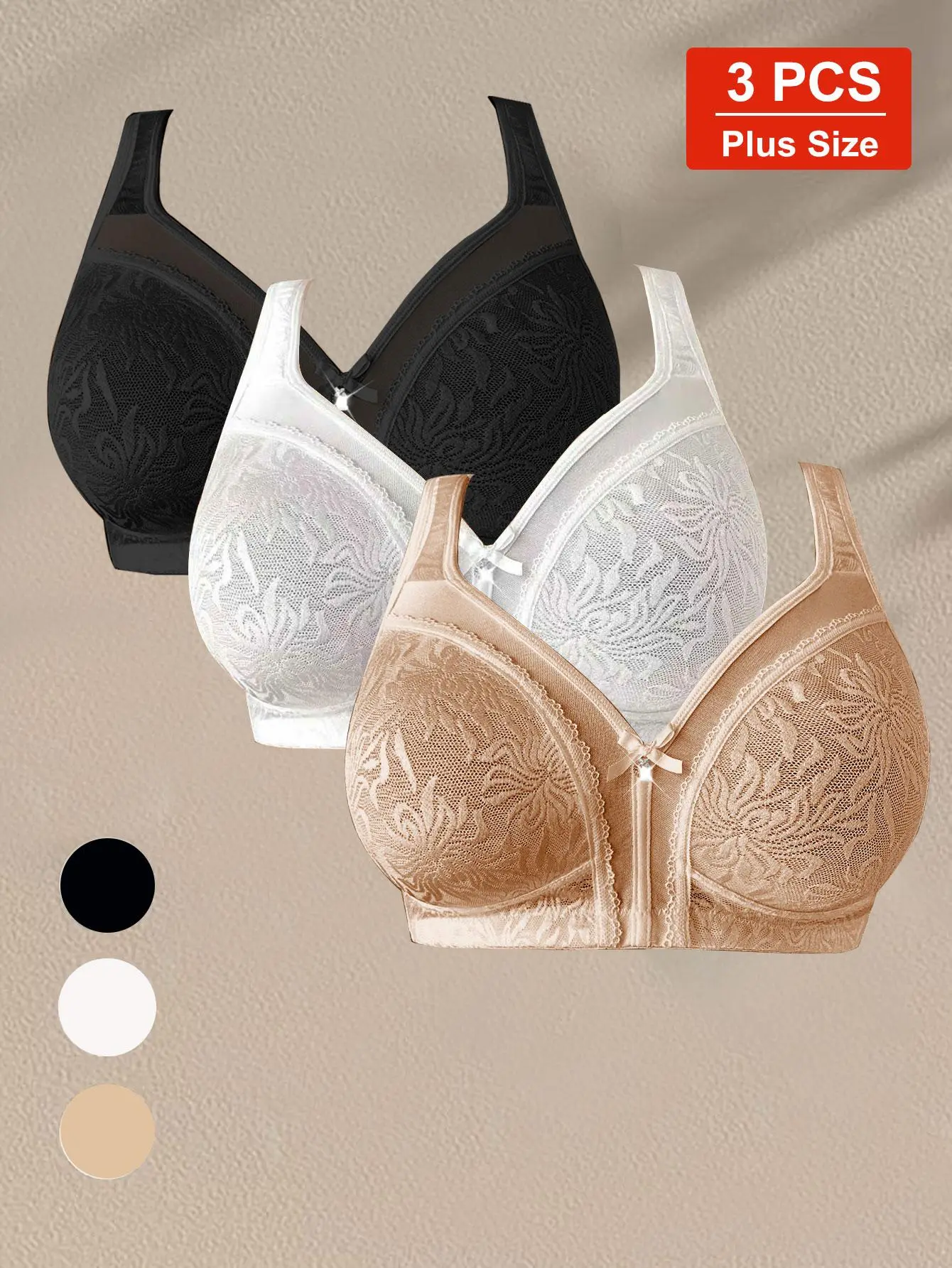Women’s Plus-Size 3-Pack Wire-Free Bralettes, Polyamide Blend Lace Spliced V-Neck Bras with All-Season Jacquard Pattern, Thin Cup Lace Back Design, High-Quality for Daily Casual Wear & Weddings, Basic