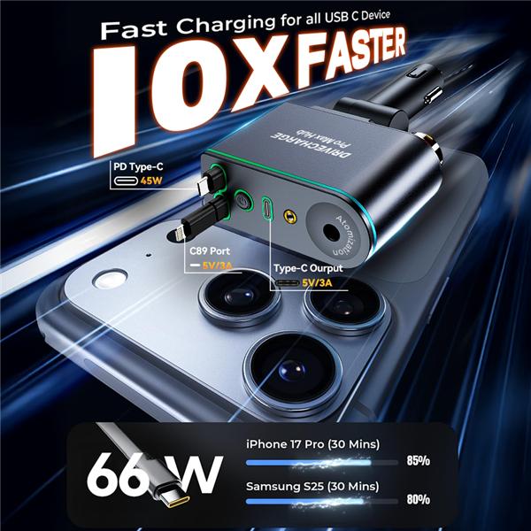 Smart Retractable Car Charger & Air Freshener - 66W Fast Charging with Dual Type-C/Lightning Adapter for All Phones, Starlight Projector Mood Light & Aromatherapy Diffuser,Includes 6 x 10ml Perfumes,Ideal Car Accessories & Christmas Gift for Men