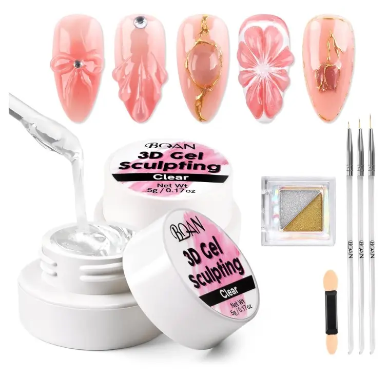 BQAN 3D Sculpting Gel Nail Art Kit - Clear No Wipe Gel 2Pcs 0.17oz, 3 Liner Brushes & Chrome Powder for Professional DIY Salon Quality Manicure Designs