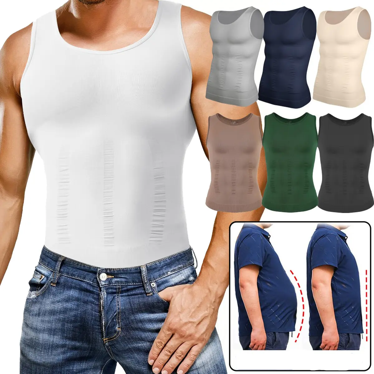 Men's High Compression Suit - 1-3 Pack Tummy Control Shapewear Vest & Tank Top, Breathable Stretchy Soft Sleeveless Underwear for Gym Workouts & Casual Wear