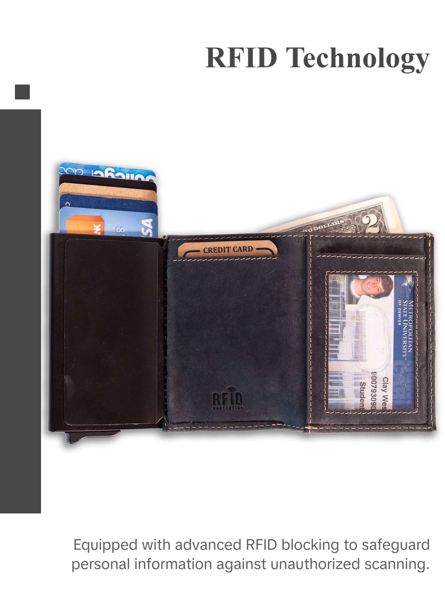 UC Leather Company Automatic Pop-Up Bifold Wallet Leather Compact RFID Blocking for Formal Occasions with ID Window & 8 Card Slots