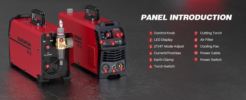 ARCCAPTAIN Plasma Cutter, [Large LED Display] 50Amps Cutter Machine with 110/220V Dual Voltage DC Inverter IGBT 1/2 Inch Clean Cut Post Flow and 2T/4T, for Beginners DIY, Fabricator