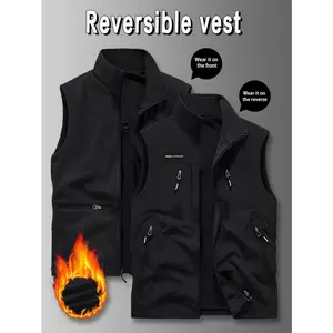 Men's two-sided fleece vest with eight pockets, warm sleeveless jacket, double-sided, available in multiple colors, suitable for outdoor use during cold autumn and winter weather Black Casual