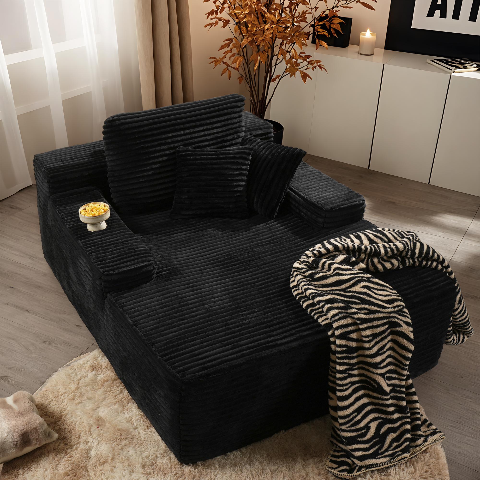 Oversized Chaise Lounge Chair Indoor Upholstered Sofa Bed Lounge Couch Chair,Reading Chair Sleeper Cloud Sofa Couch,Plush Chair Bed for Living Room Bedroom (Black)