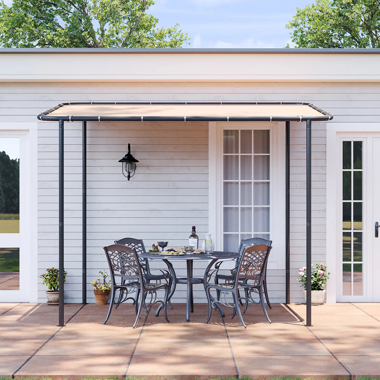 Lean-to Gazebo | Wall Mounted, Water & UV Resistant |  8x5 Ft Outdoor Patio Cover for Backyard, Deck, Small Space - Khaki Acacia FSC Certified Folding Set
