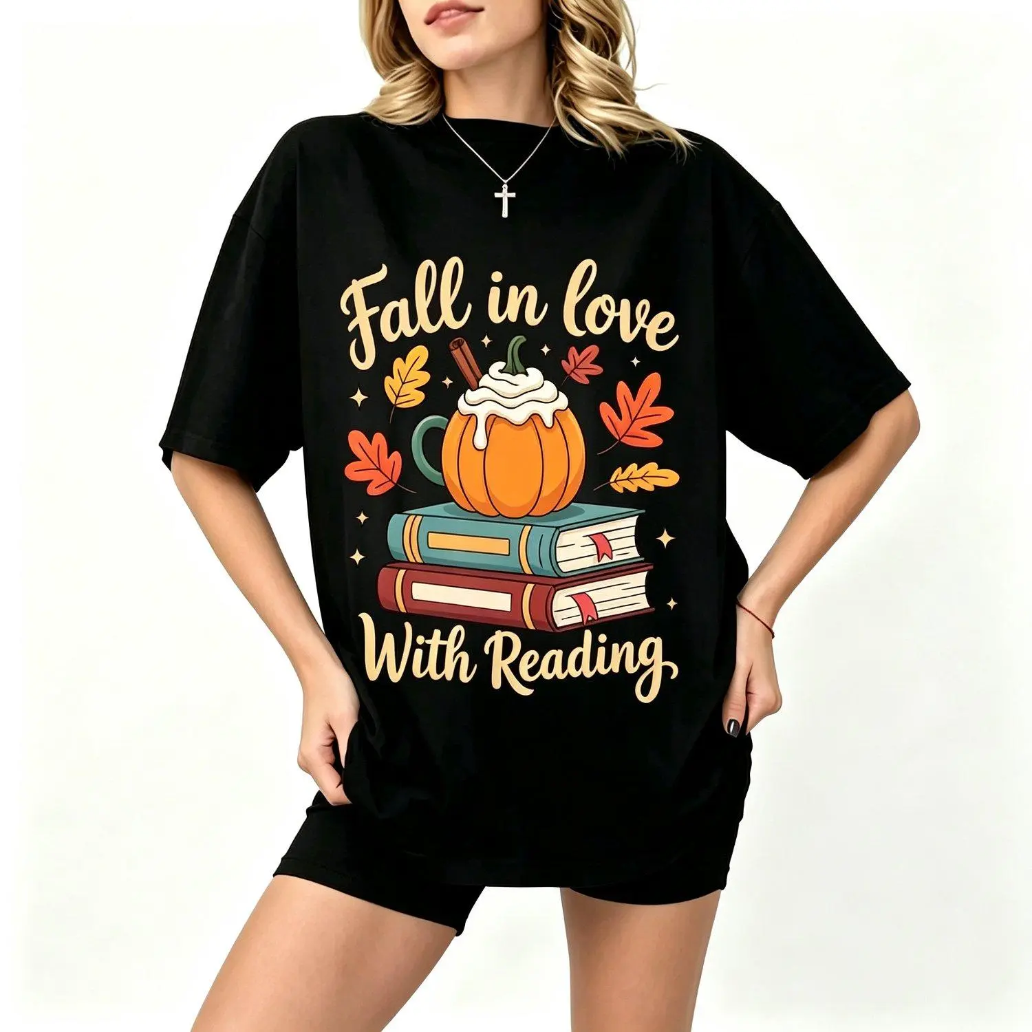 Fall in Love with Reading Autumn Librarian Cute Book Lover Tshirt Vintage Graphic Tee Unisex Casual Literary Shirt Gift for Book Lovers