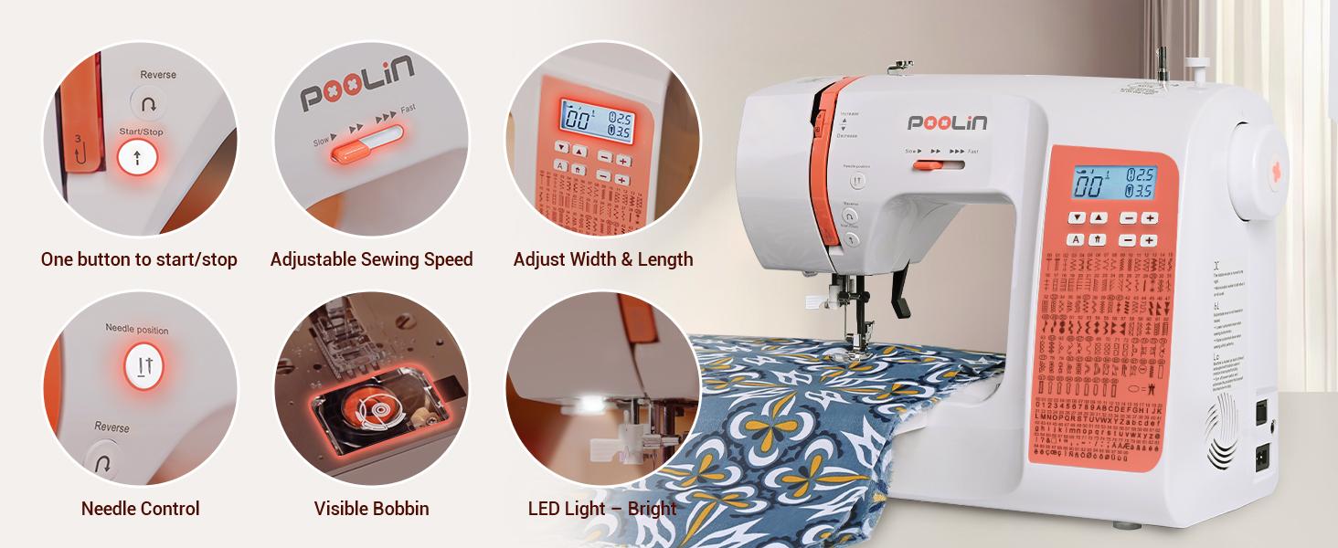 Poolin EOC02RE Computerized Sewing Machine for Beginners with Instruction Manual and Essential Sewing Tools