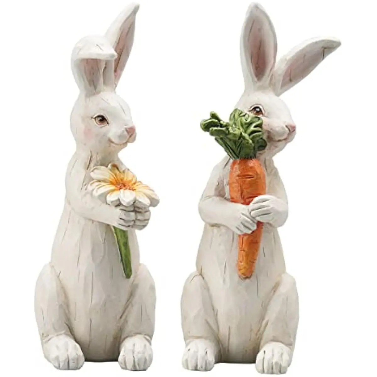 House Studio Easter-Decorations Bunny-Decor Spring-Figurines Table-Centerpiece - 2PC Spring Decorations Resin Rabbits with Carrot and Flower Tabletop Ornaments for Home Farmhouse 4.5H inch