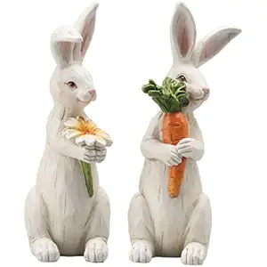 House Studio Easter-Decorations Bunny-Decor Spring-Figurines Table-Centerpiece - 2PC Spring Decorations Resin Rabbits with Carrot and Flower Tabletop Ornaments for Home Farmhouse 4.5H inch