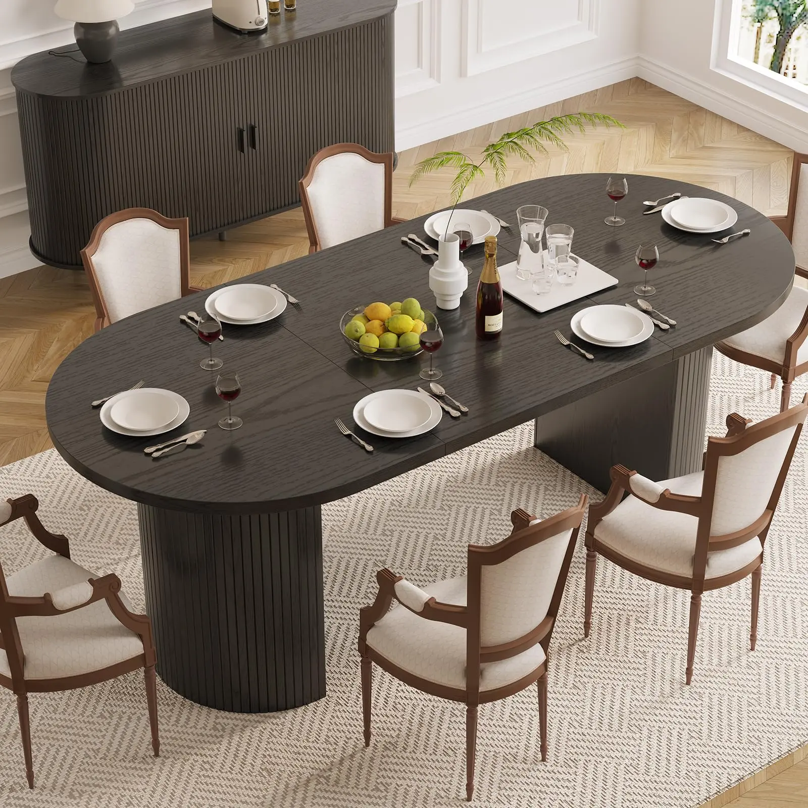 【BackToSchool】ONBRILL 70.8 Inch Dining Table for 4-6, Oval Dining Room Table with Curved Fluted Wood Strip Base, Mid-Century Modern Kitchen Tables with Footpads, Dinner Tables for Living Room, Dining Room