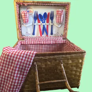 Vintage Wicker Picnic Basket Hamper Set with Gingham Liner, Utensils, Glasses