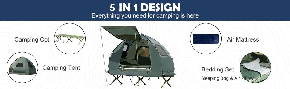 Costway-5-in-1 Tent Cot, Camping Tent Combo with Awning, Air Mattress, Sleeping Bag, Air Pillow, Camping Cot, with Carrying Bag for Outdoor Hiking