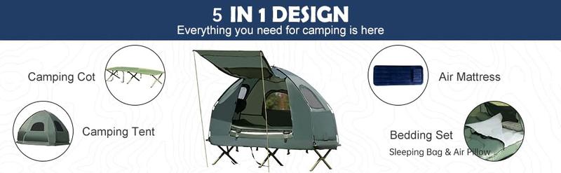Costway-5-in-1 Tent Cot, Camping Tent Combo with Awning, Air Mattress, Sleeping Bag, Air Pillow, Camping Cot, with Carrying Bag for Outdoor Hiking