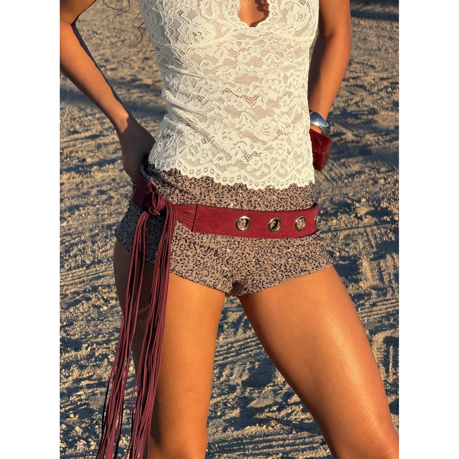 Maysie Faux Suede Tassel Belt Cherry