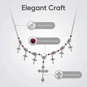 Gothic Vintage Cross Pendant Necklace for Women, Layered Red Bead Choker, Punk Y2K Aesthetic Necklaces for E-girls Party Clubwear