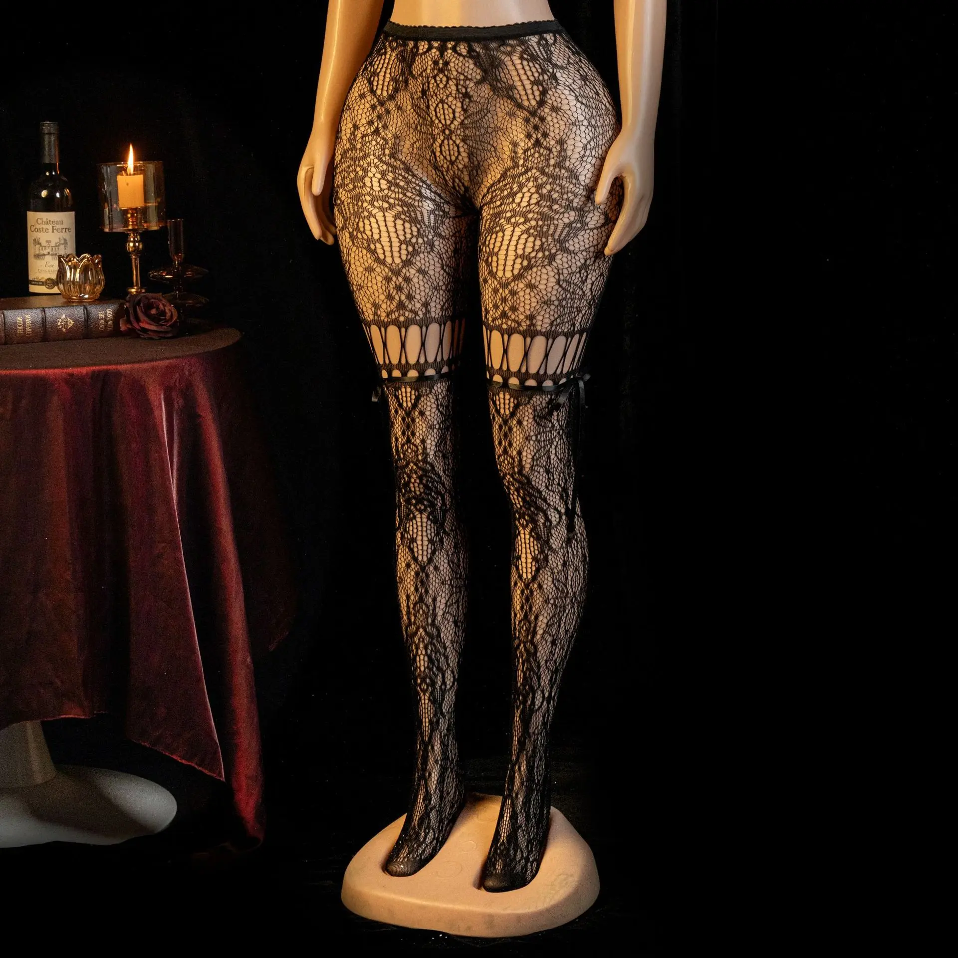 Women's Nylon Expansible Lace Hollow-Out Fishnet Thigh-High Pantyhose - Floral Rope Pattern, Elegant Sheer Look, Comfortable Thick Ribbon-Accented Breathable Lingerie Tights for Daily Wear & Special Nights (Black) Womenswear Accessory Stockings