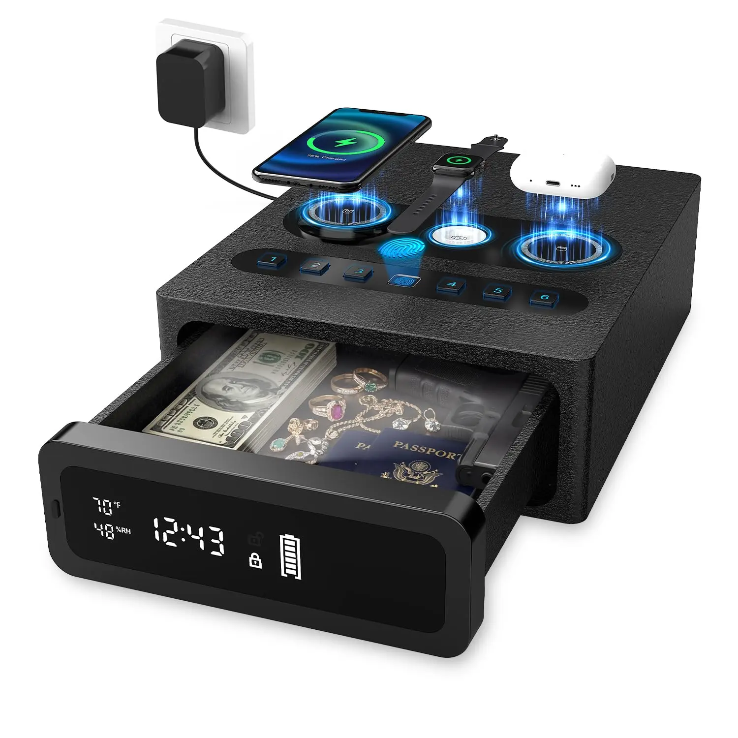 Zcf mate Biometric Gun Safe for Handgun | 0.1S Fingerprint Safe with 3-in-1 Wireless Charging Station, LED Display & Silent Mode, Bedside Pistol Safe for Home Defense, Gift for Gun Ownerszcf mate